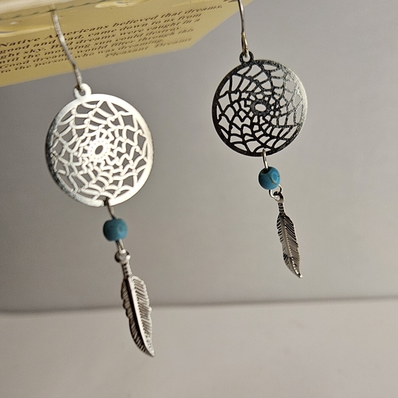 Dream Catcher Earrings Silver Round Blue Bead Feather - Picture 2 of 4